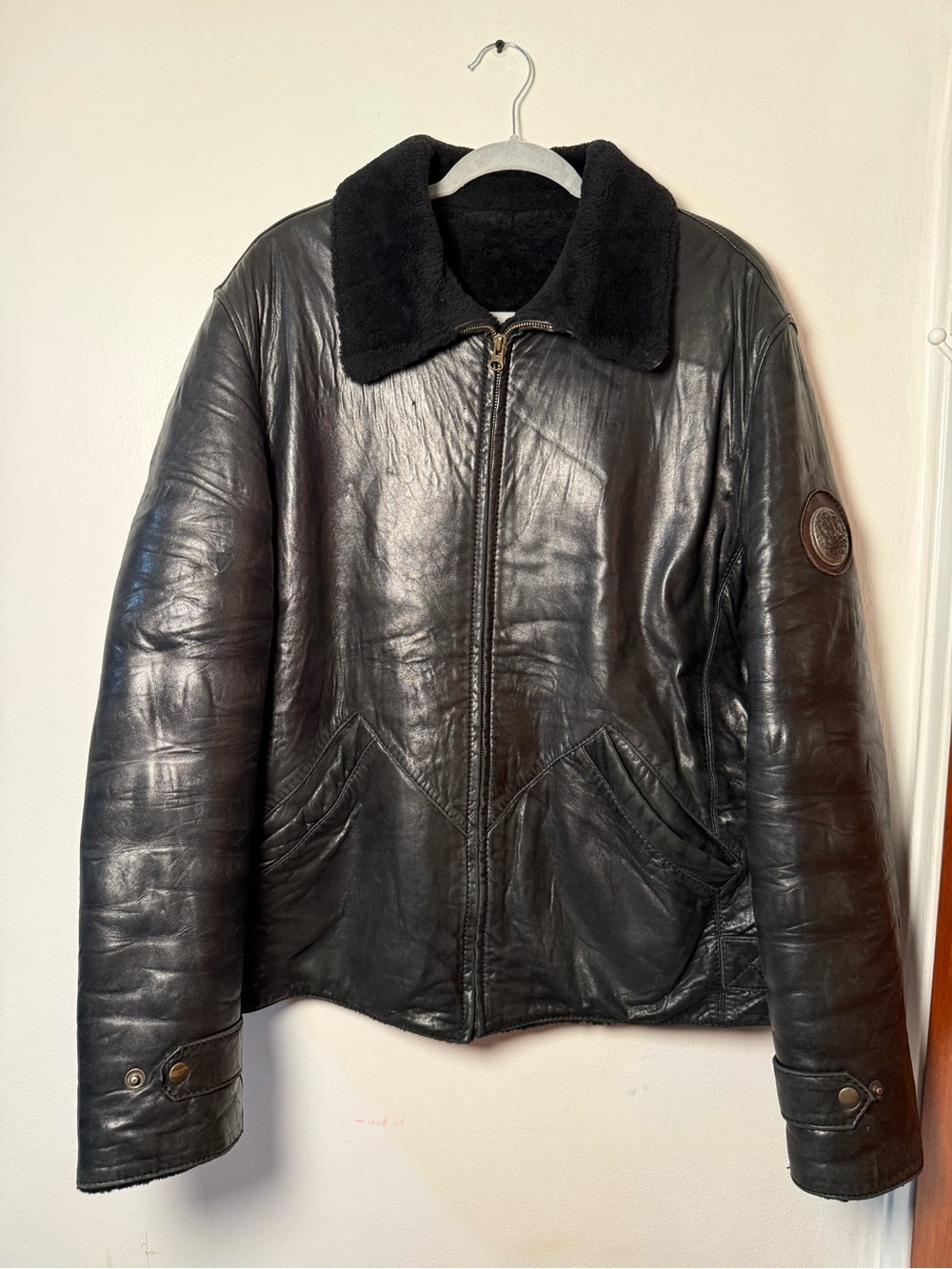 FERRE Black Leather Bomber Jacket with Shearling Collar